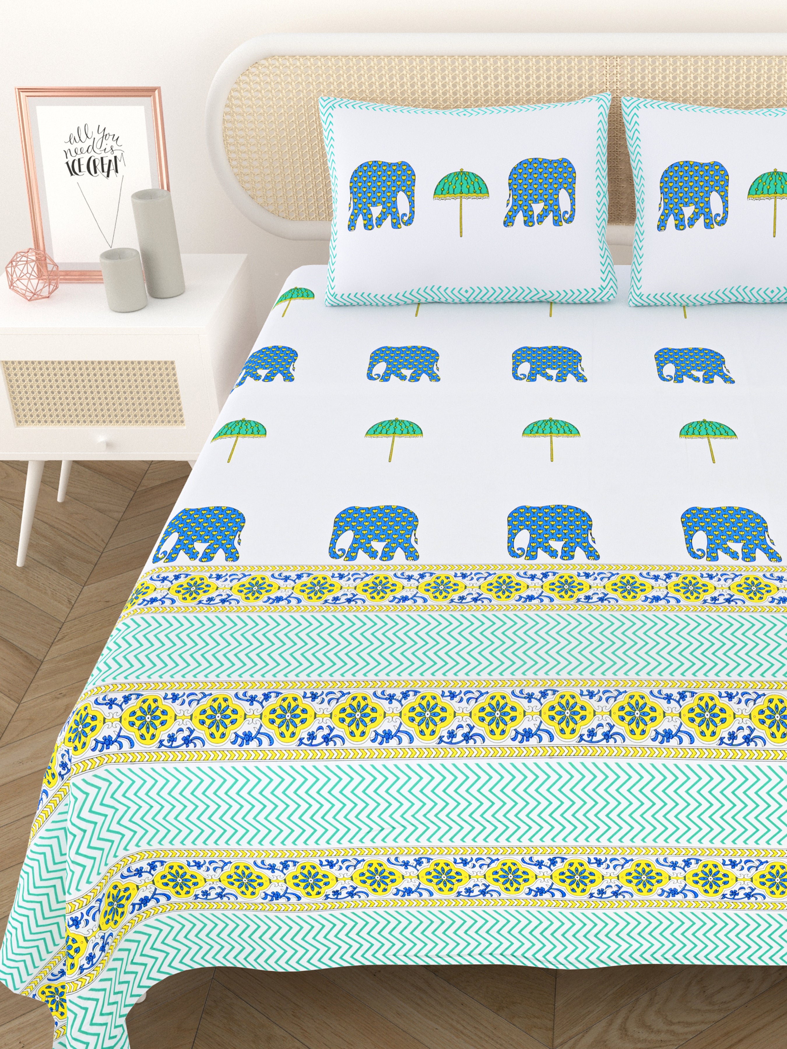 Hand Printed Bedsheet Super King Size Gift Box | 1 Super King Double Bedsheet with 2 Pillow Covers