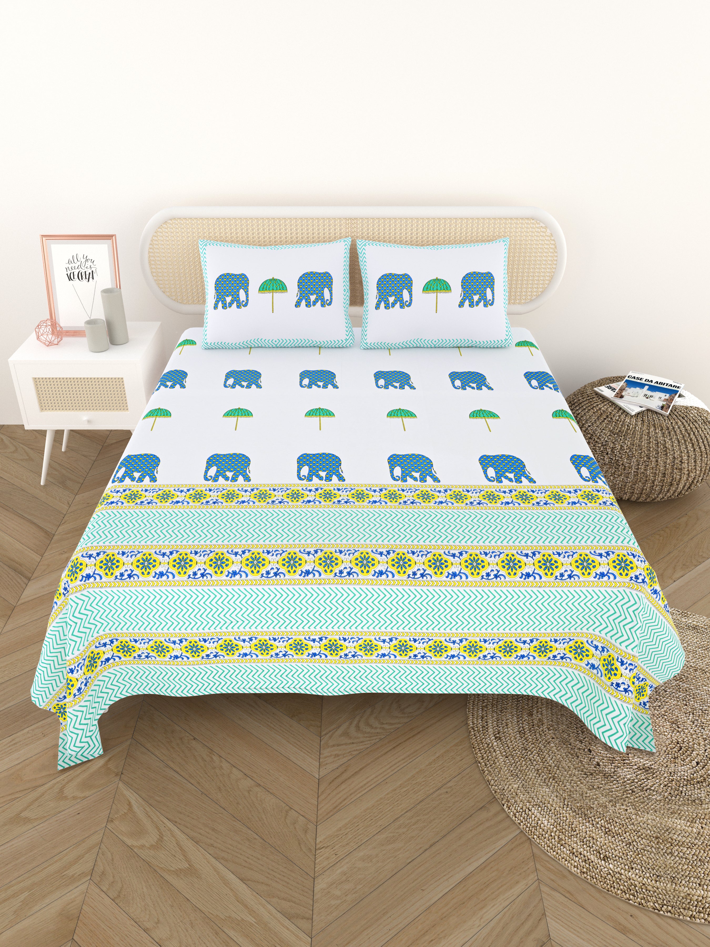 Extra Soft Percale Cotton Super King Handblock Print Bedsheet with 2 Pillow Covers