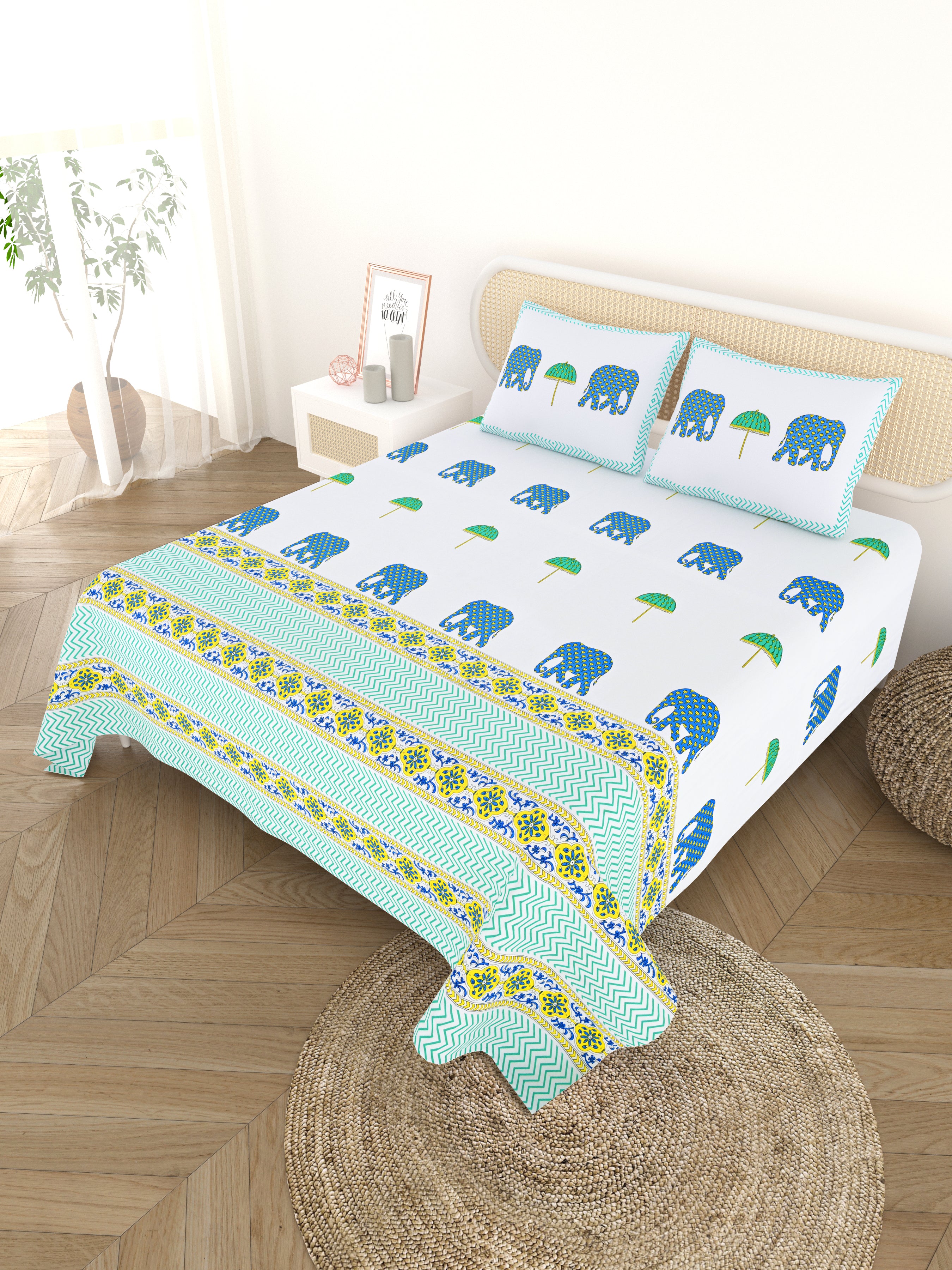 Extra Soft Percale Cotton Super King Handblock Print Bedsheet with 2 Pillow Covers