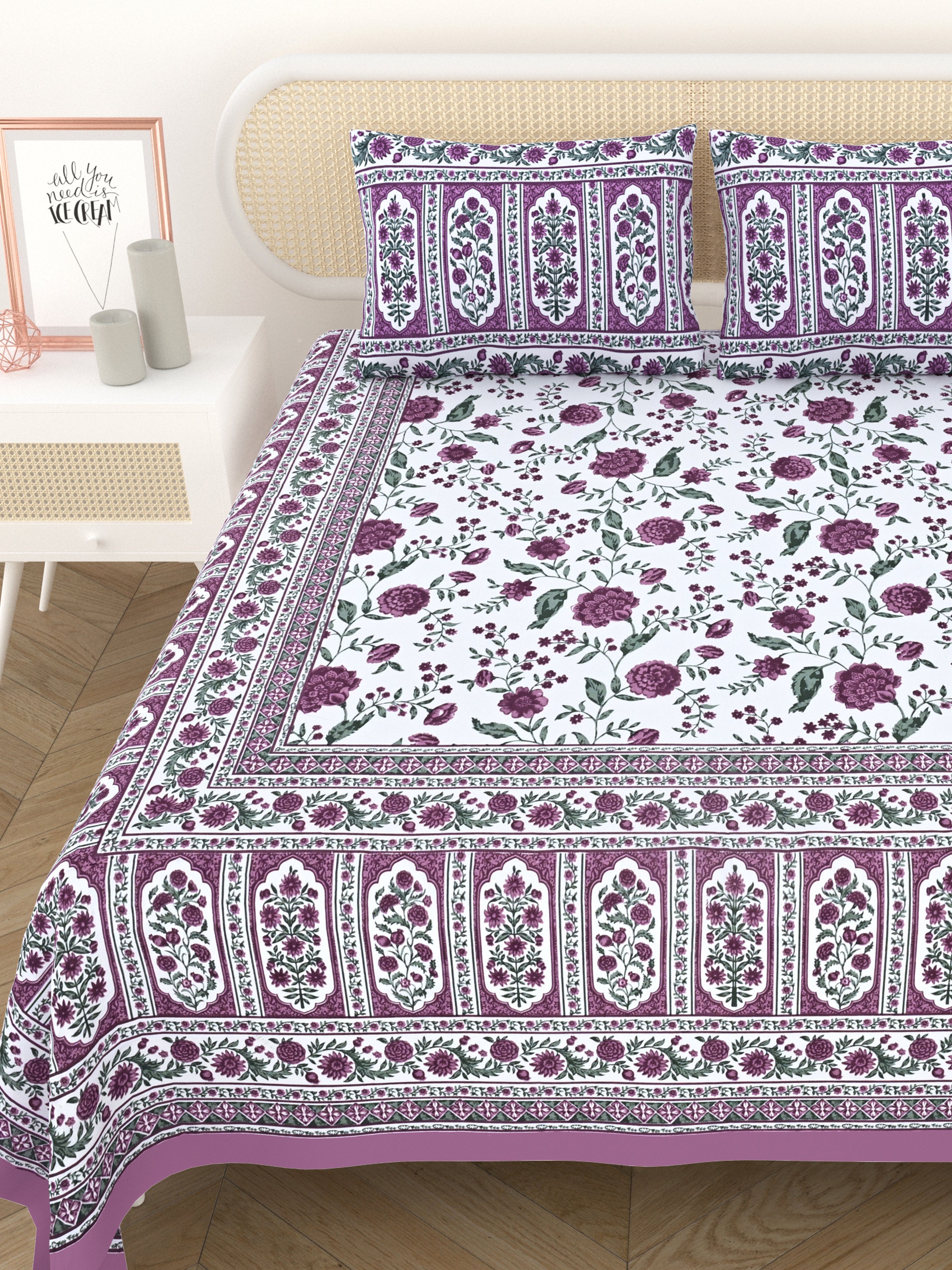 Cotton Printed Bedsheet with 2 Pillow Covers - (108 x 108 Inch)