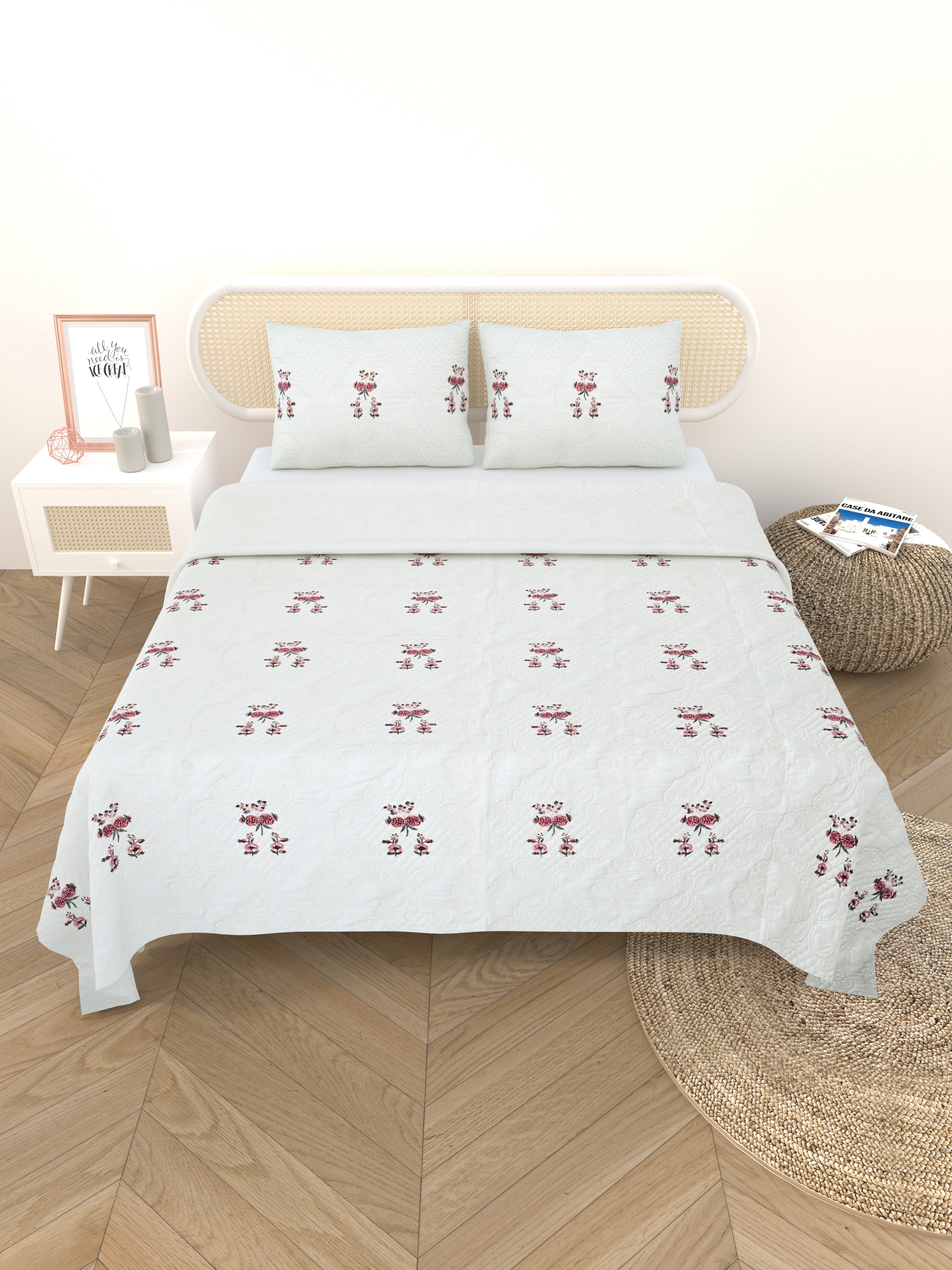 Quilted Floral Printed Reversible Bedcover with 2 Pillow Covers