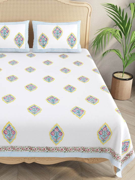 Handblock Printed Super King Size Bedsheet with 2 Pillow Covers