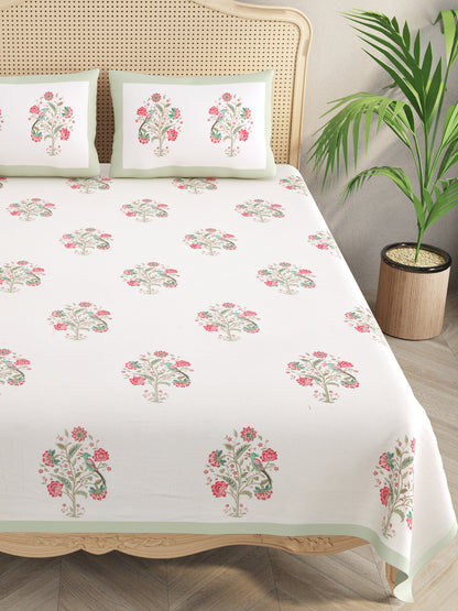 Handblock Print Super King Bedsheet in Extra Soft Percale Cotton with 2 Pillow covers