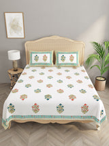 Extra Soft Percale Cotton Double King Handblock Print Bedsheet with 2 Pillow Covers