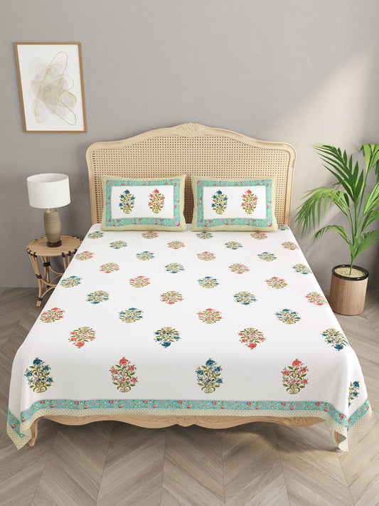 Extra Soft Percale Cotton Double King Handblock Print Bedsheet with 2 Pillow Covers