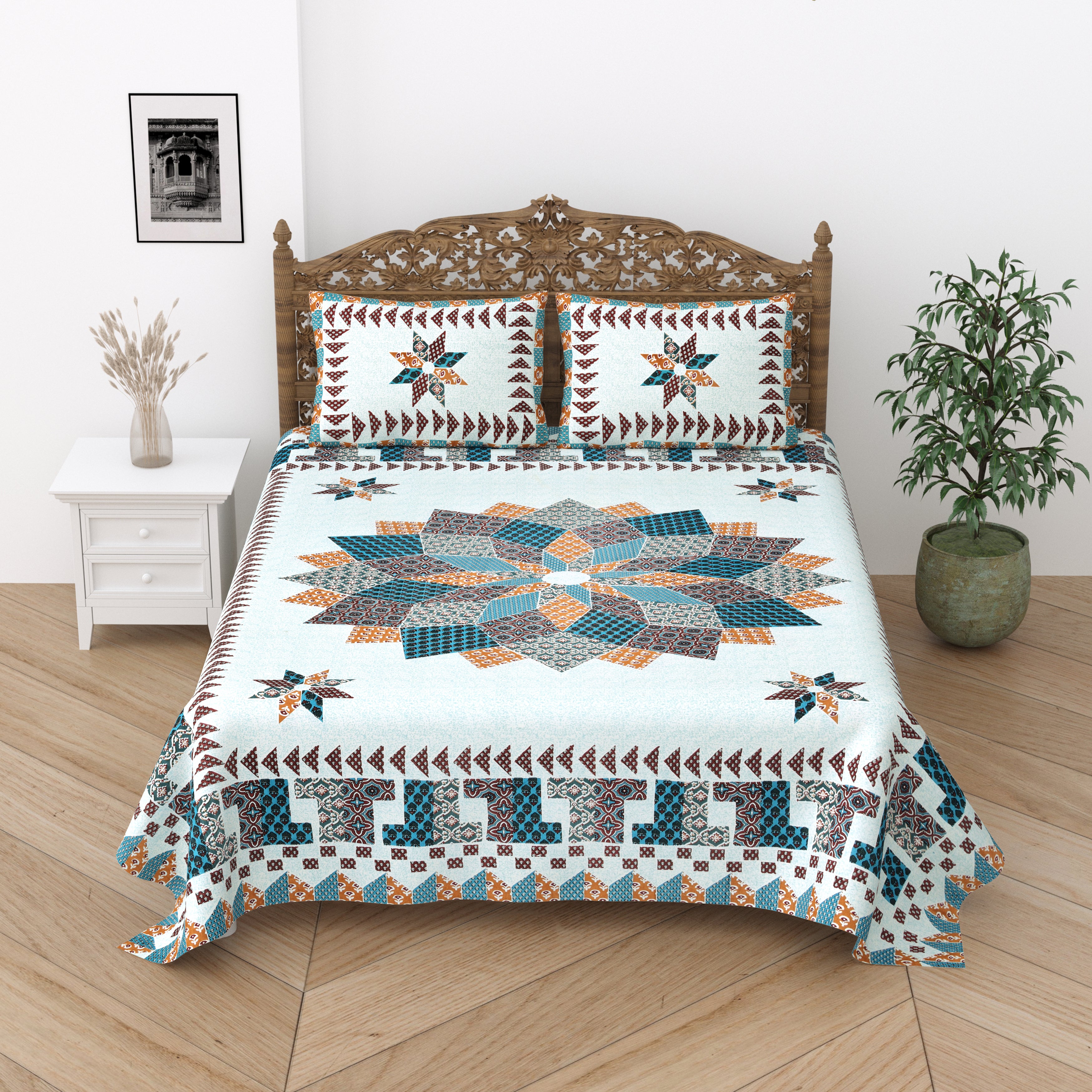 Floral Print Cotton Double King Bedsheet with 2 Pillow Covers
