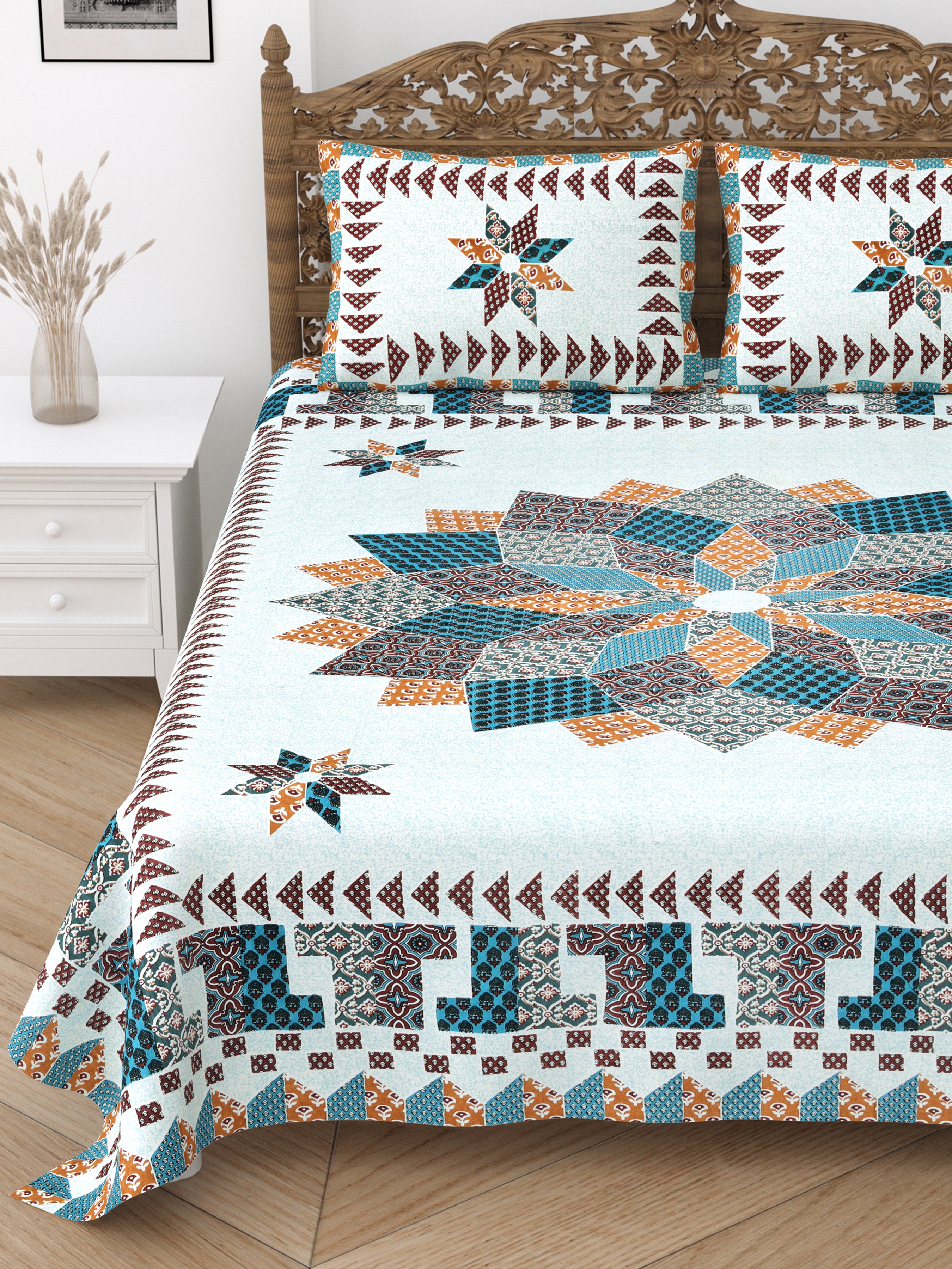 Floral Print Cotton Double King Bedsheet with 2 Pillow Covers