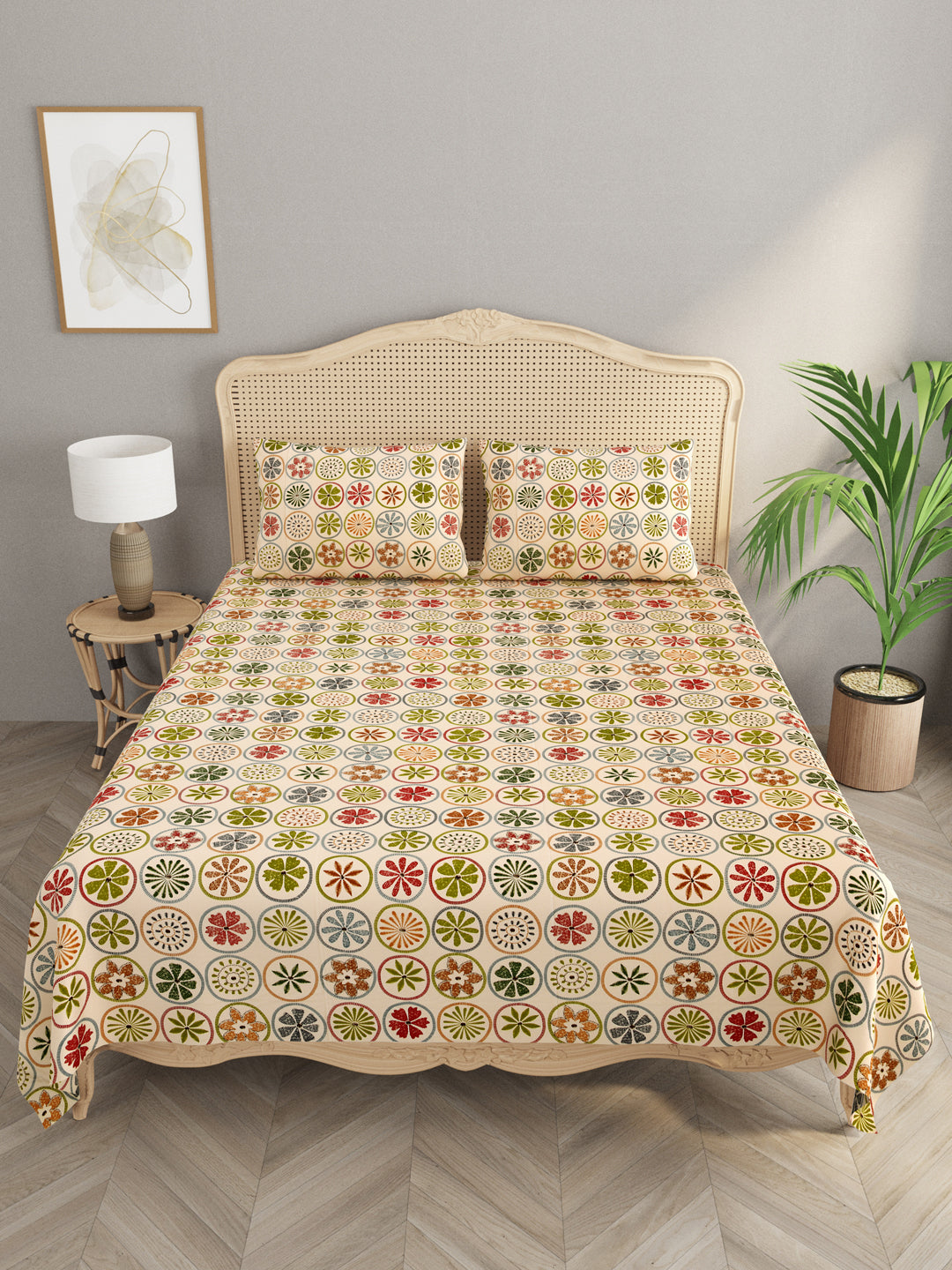 Floral Print Super King Cotton Bedsheet with 2 Pillow Covers