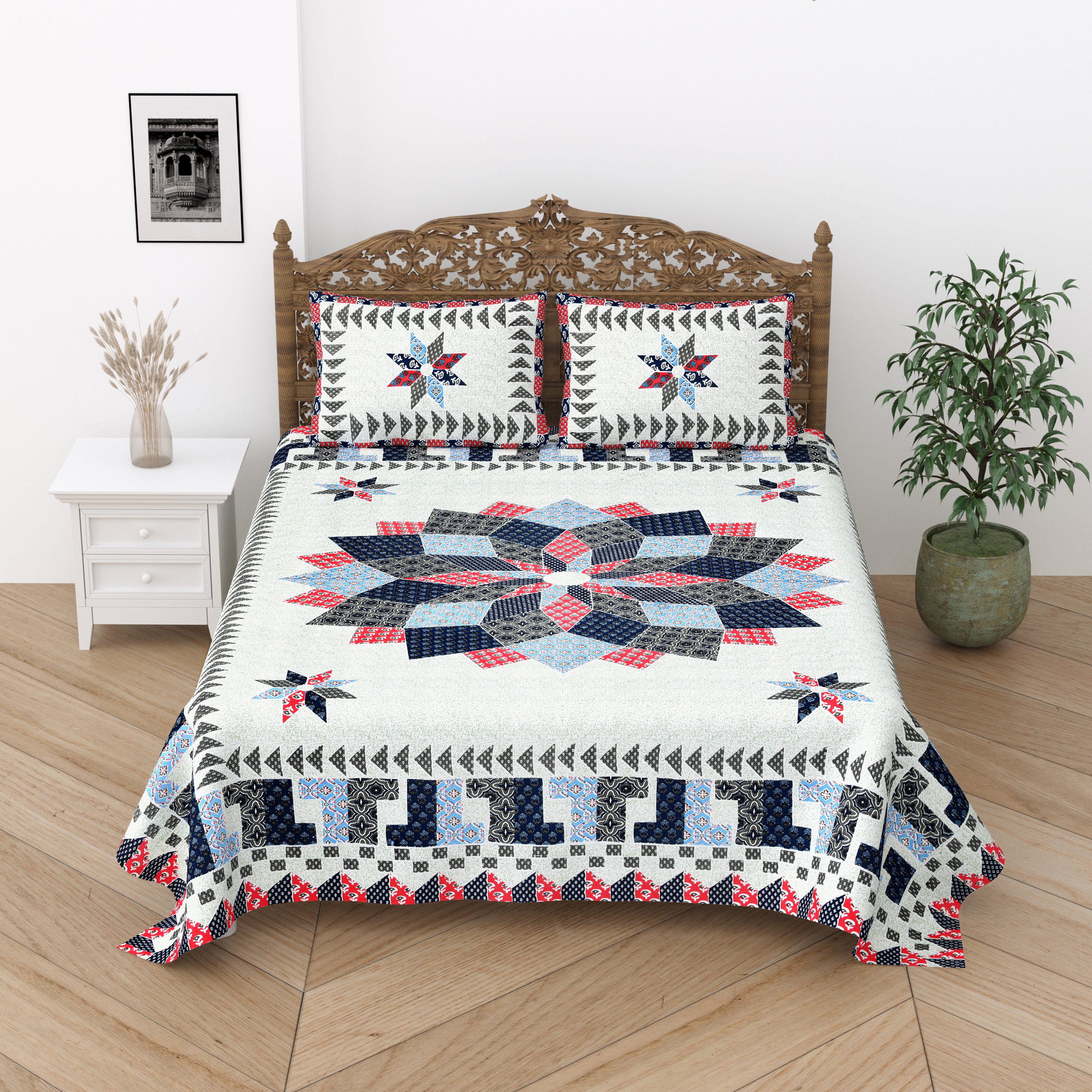 Floral Print Cotton Double King Bedsheet with 2 Pillow Covers