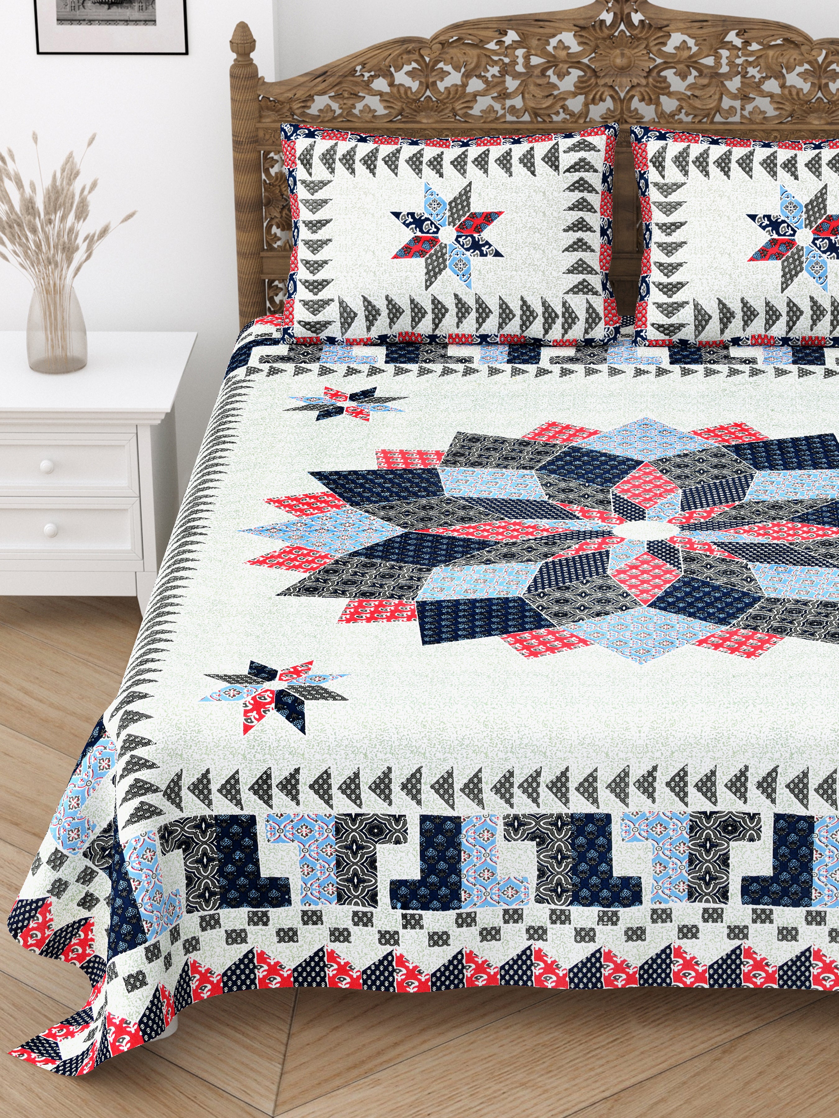 Floral Print Cotton Double King Bedsheet with 2 Pillow Covers