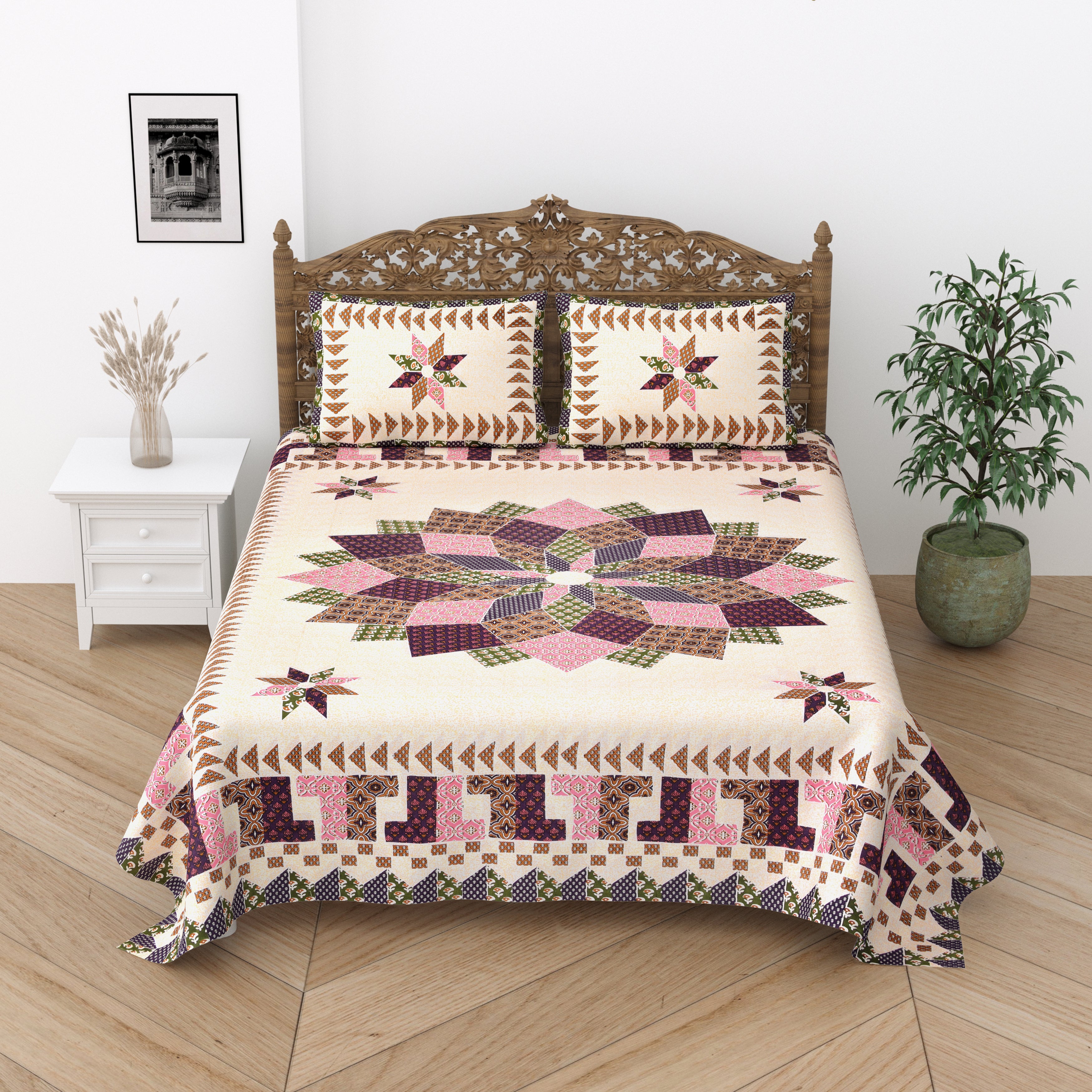 Floral Print Cotton Double King Bedsheet with 2 Pillow Covers