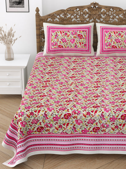 Floral Print Cotton Double King Bedsheet with 2 Pillow Covers