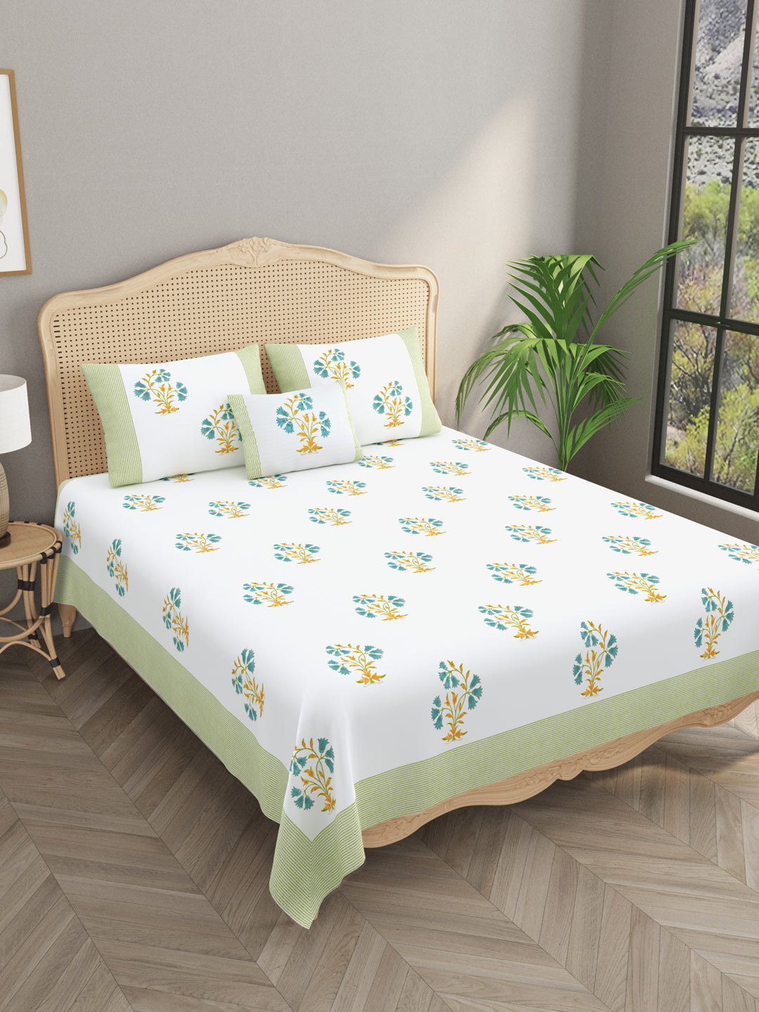 Extra Soft Percale Cotton Super King Handblock Print Bedsheet with 2 Pillow Covers + 1 Sham Pillow Cover