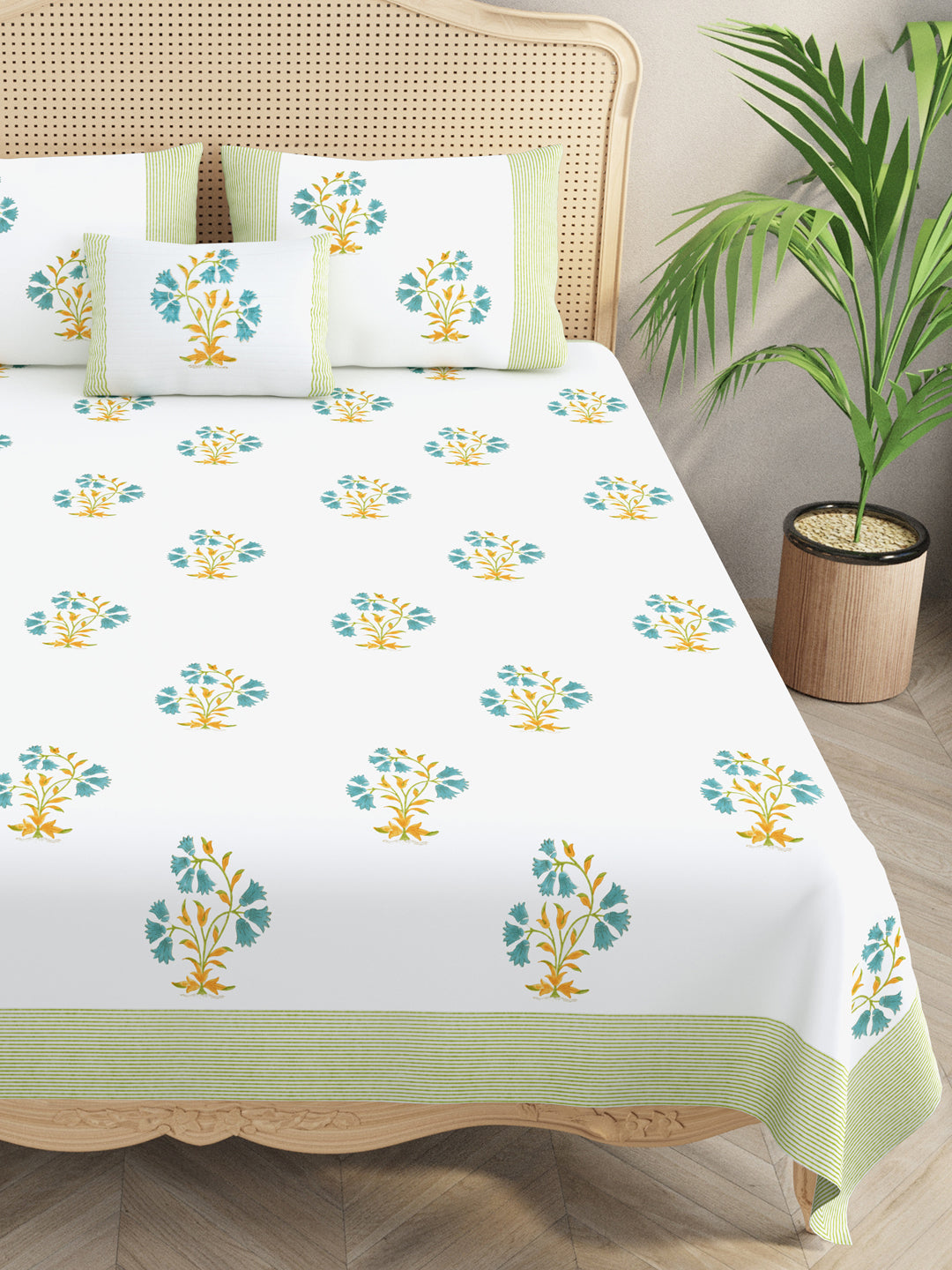 Extra Soft Percale Cotton Super King Handblock Print Bedsheet with 2 Pillow Covers + 1 Sham Pillow Cover