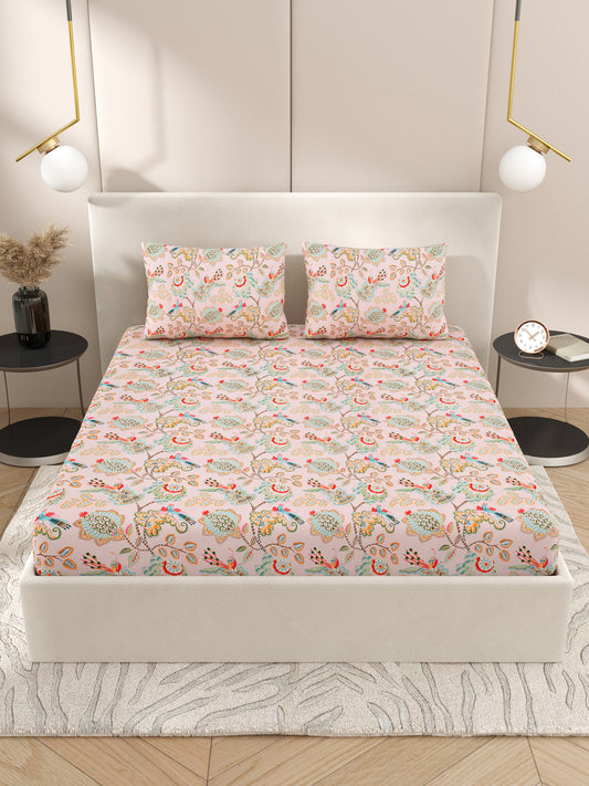 Floral print fitted Bedsheets with elastic and 2 Pillow Covers- Cotton-6