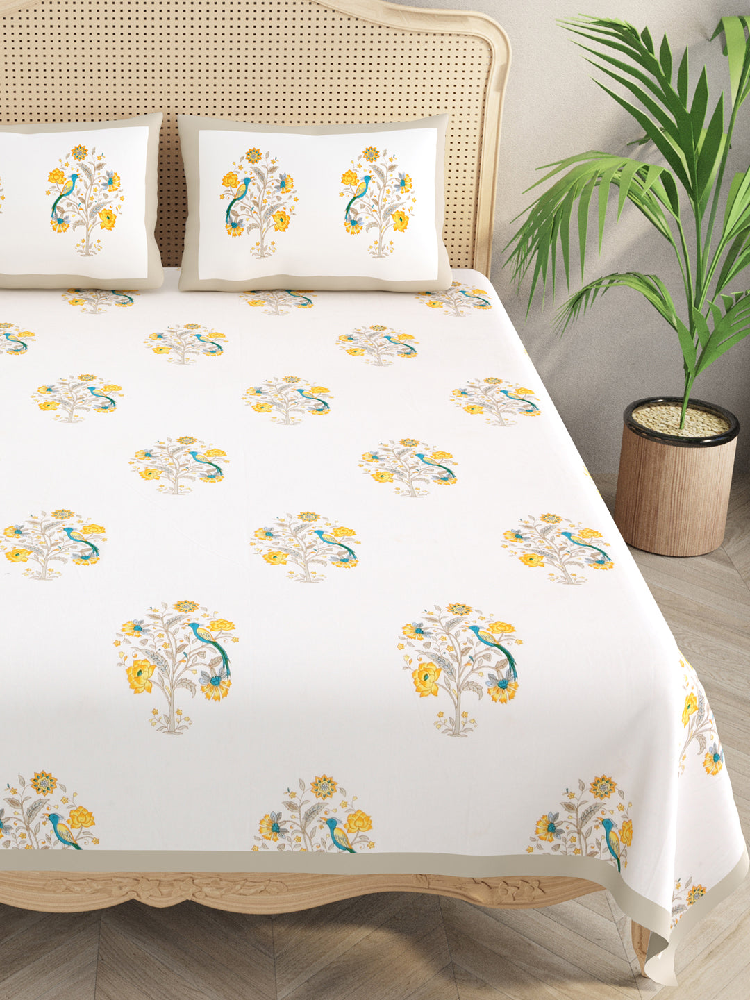 Handblock Print Super King Bedsheet in Extra Soft Percale Cotton with 2 Pillow covers