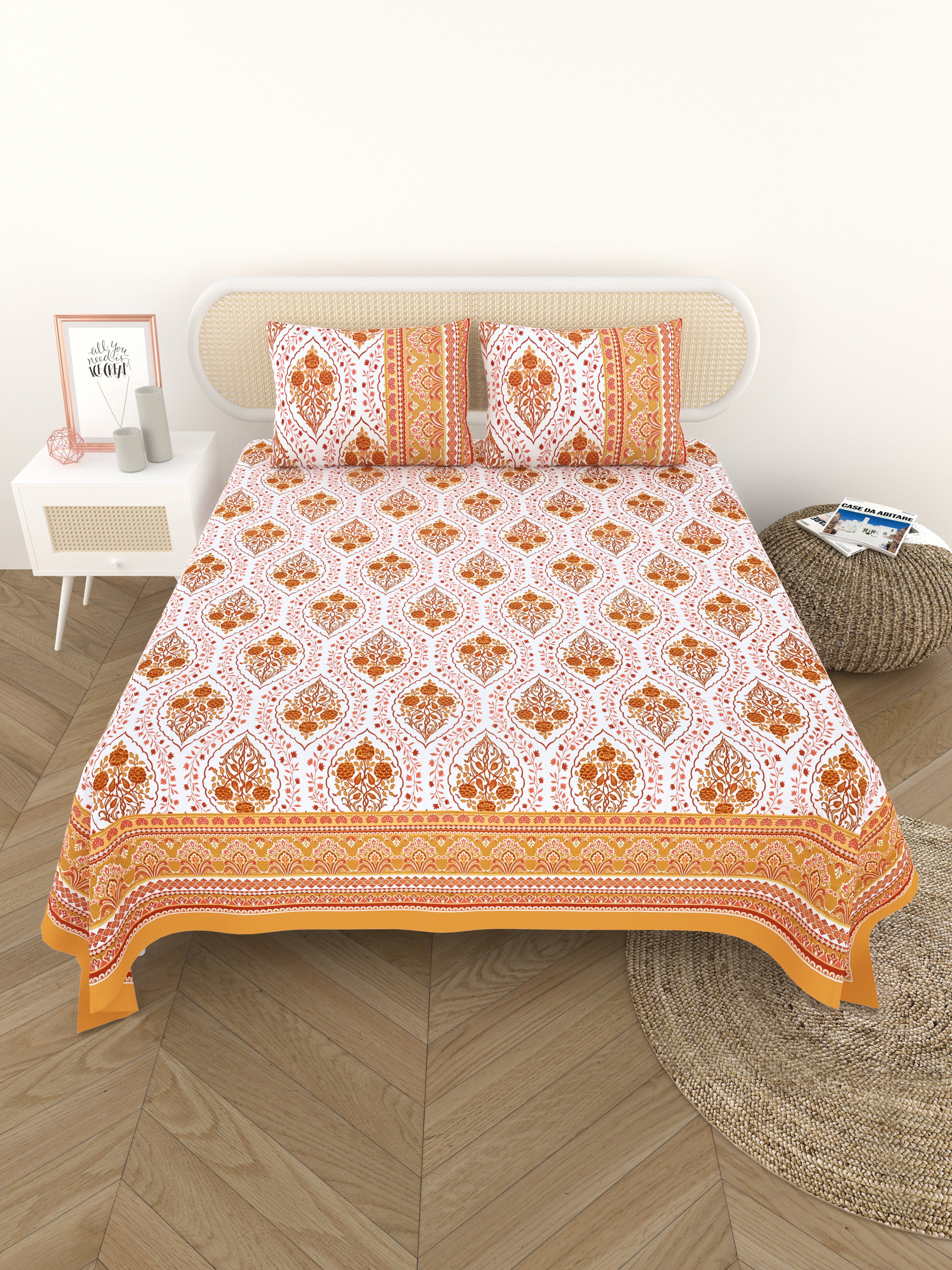 Cotton Printed Bedsheet with 2 Pillow Covers - (108 x 108 Inch)