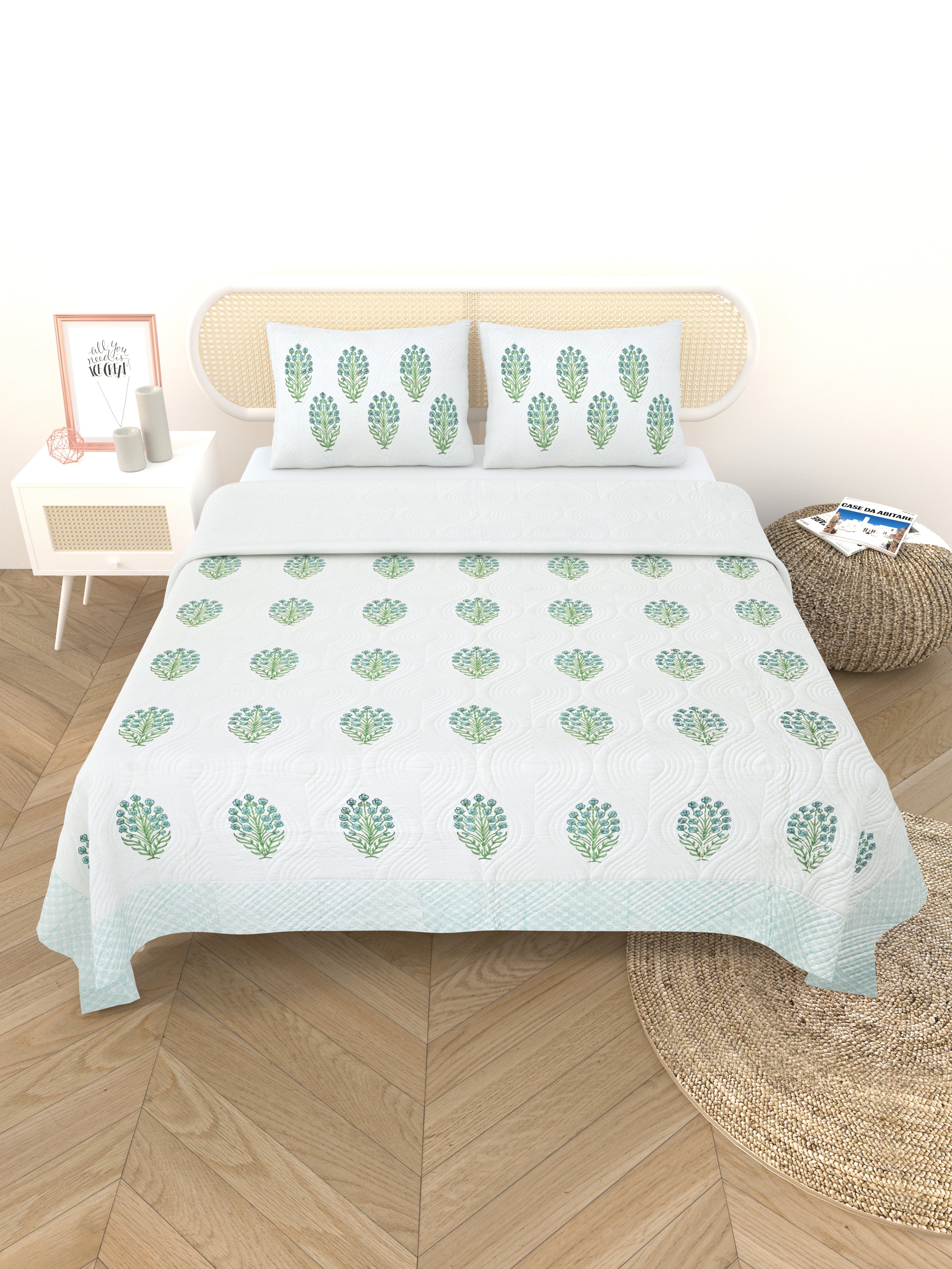 Quilted Floral Printed Reversible Bedcover with 2 Pillow Covers