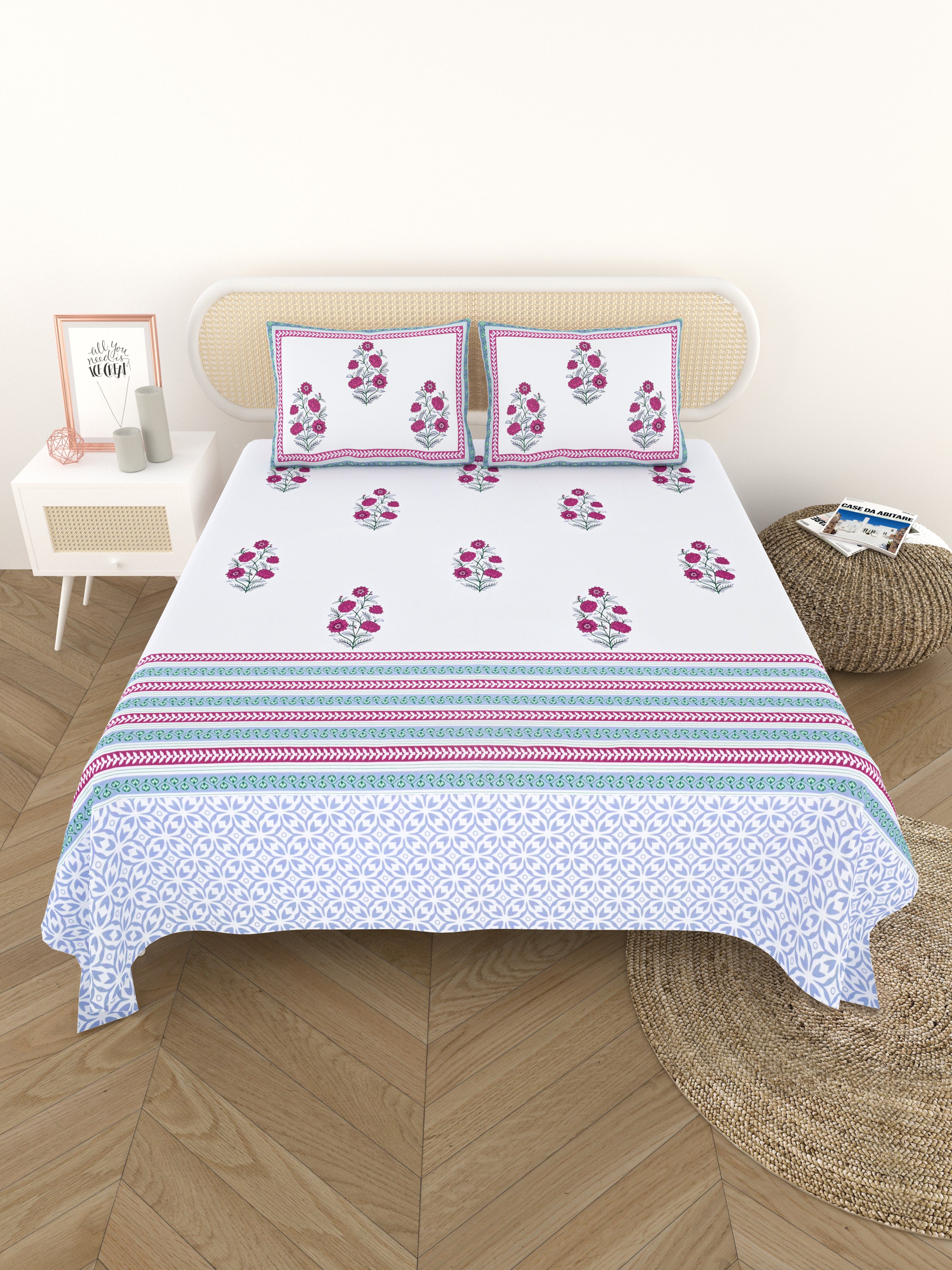 Extra Soft Percale Cotton Super King Handblock Print Bedsheet with 2 Pillow Covers