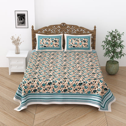 Floral Print Cotton Double King Bedsheet with 2 Pillow Covers