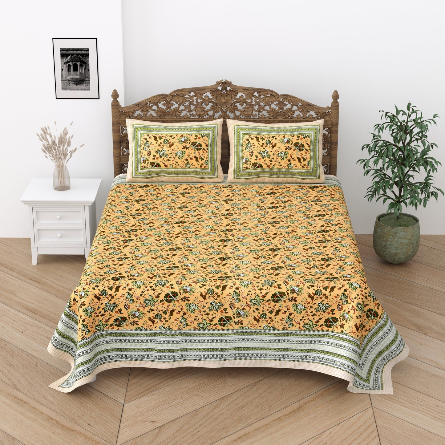 Floral Print Cotton Double King Bedsheet with 2 Pillow Covers