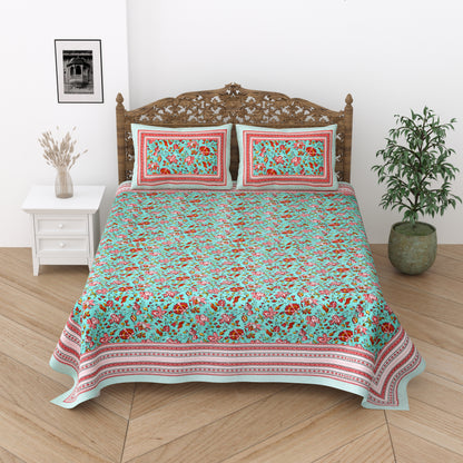 Floral Print Cotton Double King Bedsheet with 2 Pillow Covers