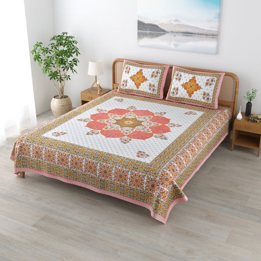 Floral Print Cotton Double King Bedsheet with 2 Pillow Covers