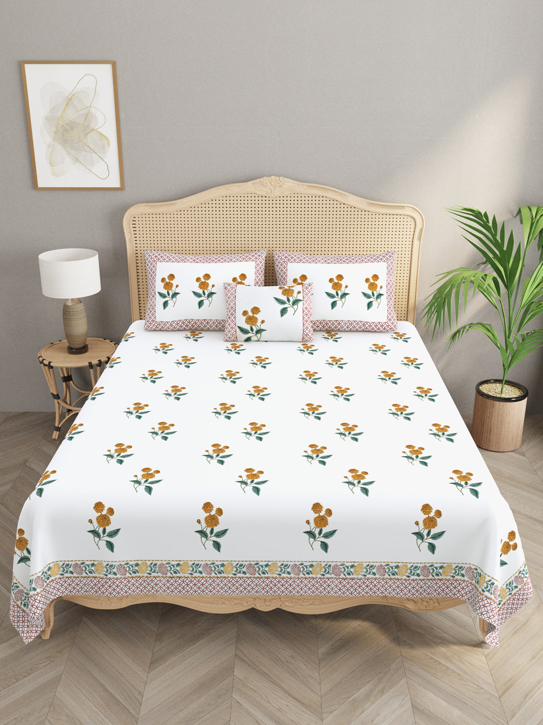 Extra Soft Percale Cotton Super King Handblock Print Bedsheet with 2 Pillow Covers + 1 Sham Pillow Cover