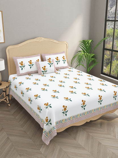 Extra Soft Percale Cotton Super King Handblock Print Bedsheet with 2 Pillow Covers + 1 Sham Pillow Cover