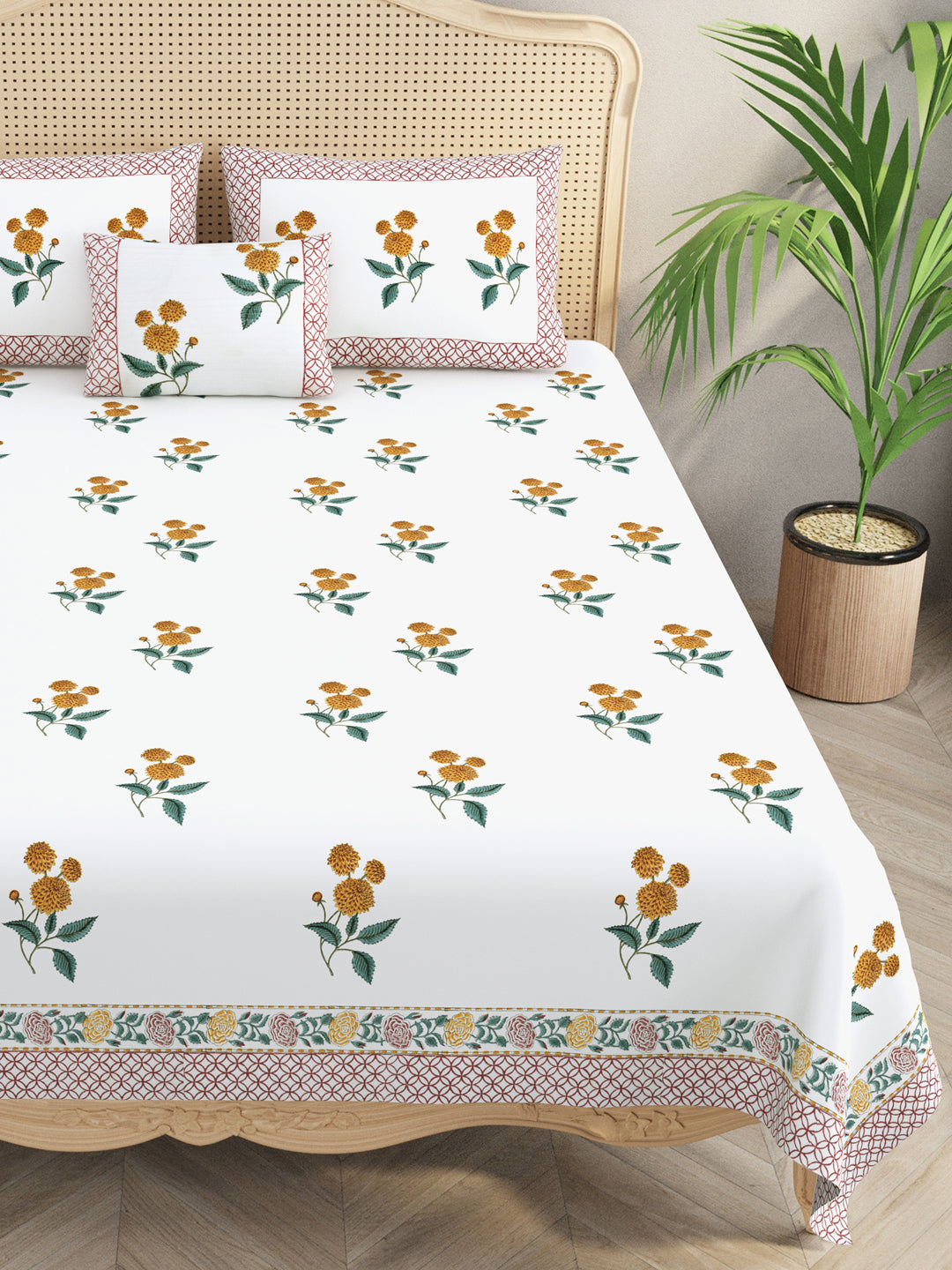 Extra Soft Percale Cotton Super King Handblock Print Bedsheet with 2 Pillow Covers + 1 Sham Pillow Cover