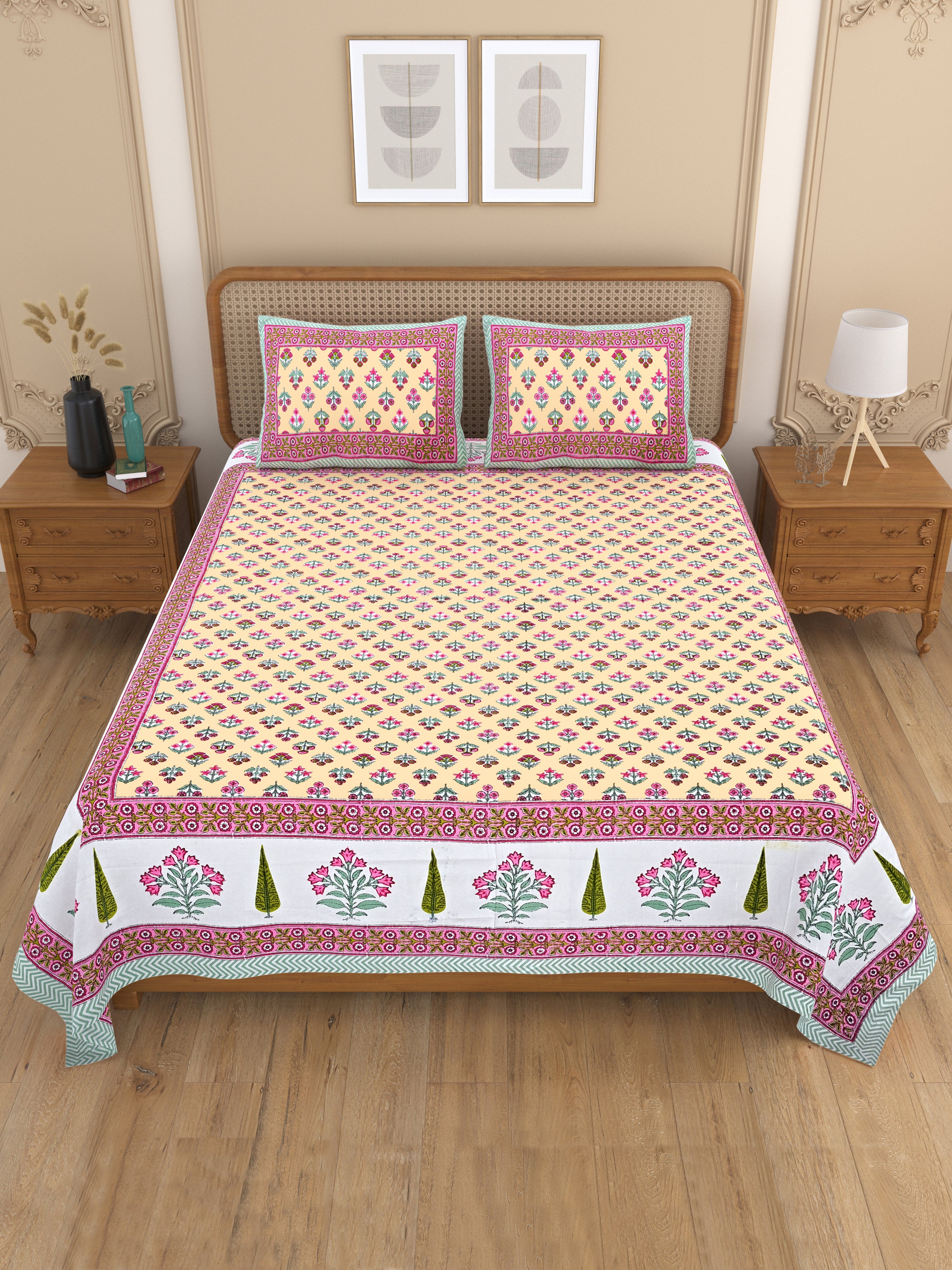 Floral Print Cotton Double King Bedsheet with 2 Pillow Covers