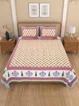 Floral Print Cotton Double King Bedsheet with 2 Pillow Covers