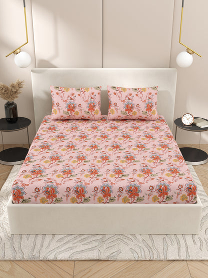 Floral print fitted Bedsheets with elastic and 2 Pillow Covers- Cotton-7