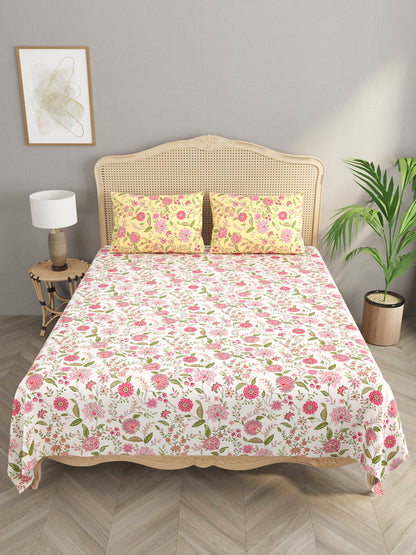 Floral Print Cotton Super King Bedsheet with 2 Reversible Pillow Covers