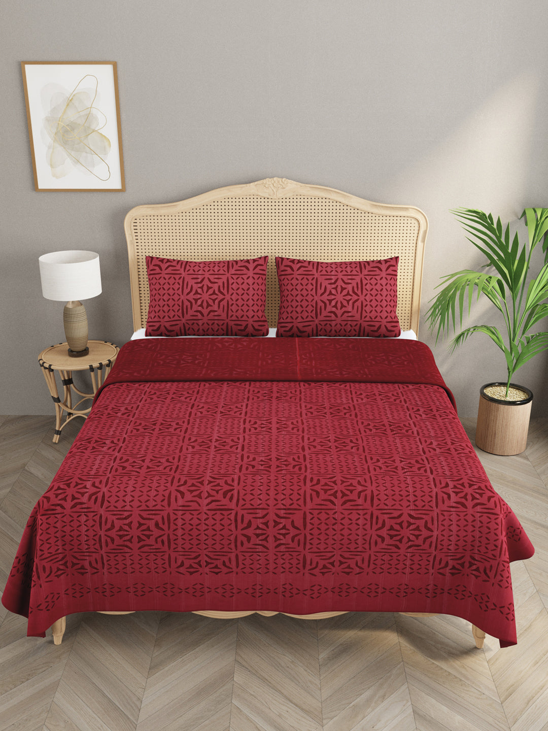 Applique cut work cotton  Bedcover with 2 Pillow Covers