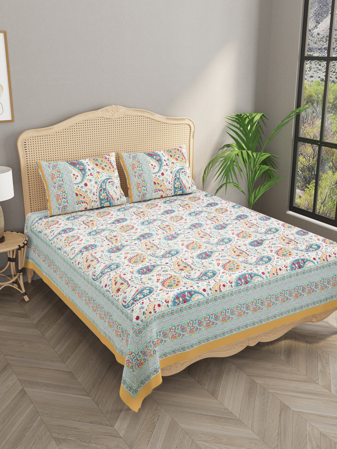 Floral Print Cotton Super King Bedsheet with 2 Reversible Pillow Covers