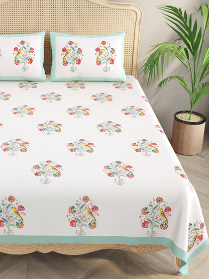 Handblock Print Super King Bedsheet in Extra Soft Percale Cotton with 2 Pillow covers