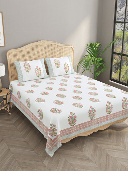 Extra Soft Percale Cotton Super King Handblock Print Bedsheet with 2 Pillow Covers