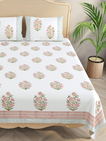 Extra Soft Percale Cotton Super King Handblock Print Bedsheet with 2 Pillow Covers