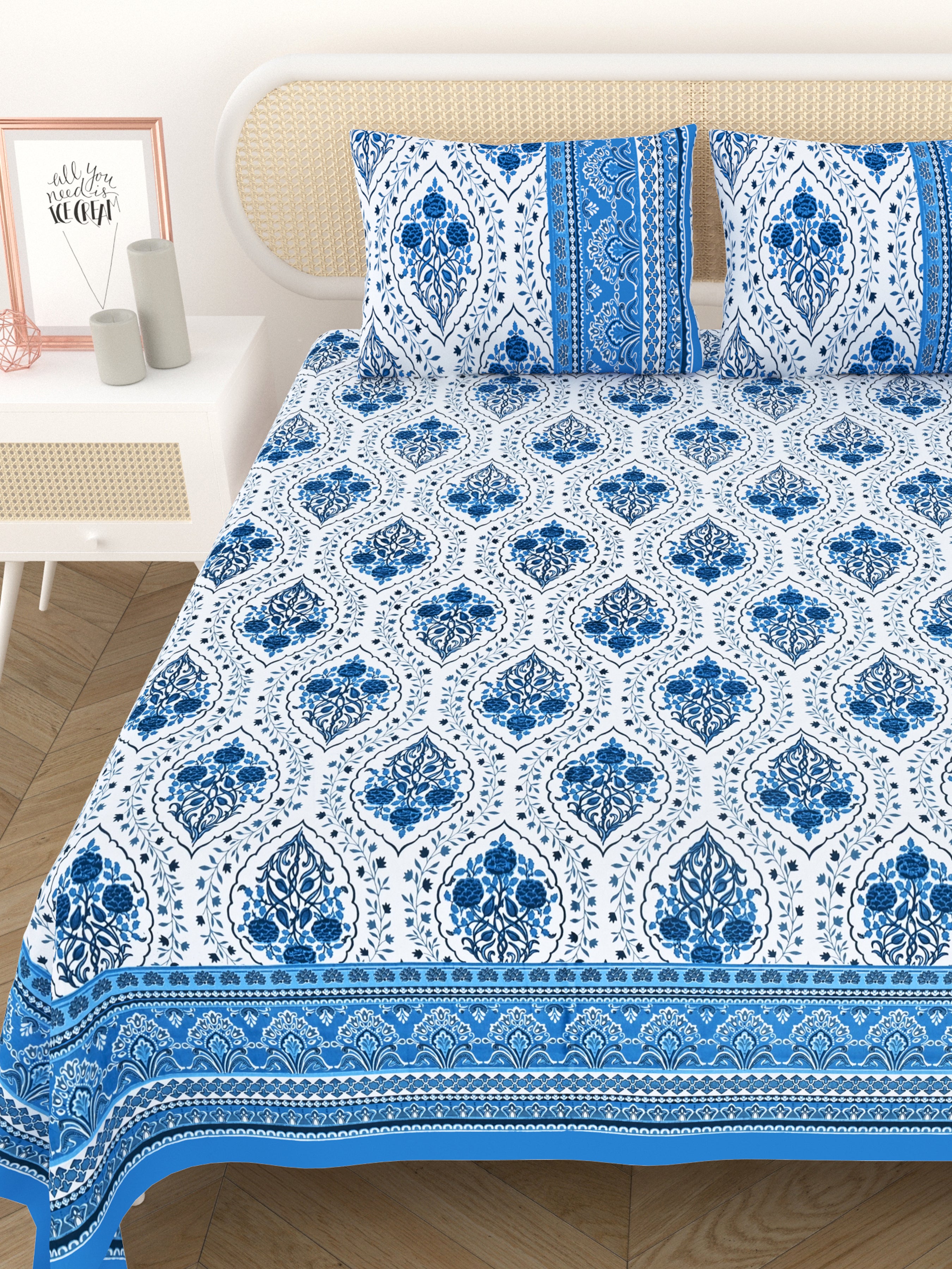 Cotton Printed Bedsheet with 2 Pillow Covers - (108 x 108 Inch)