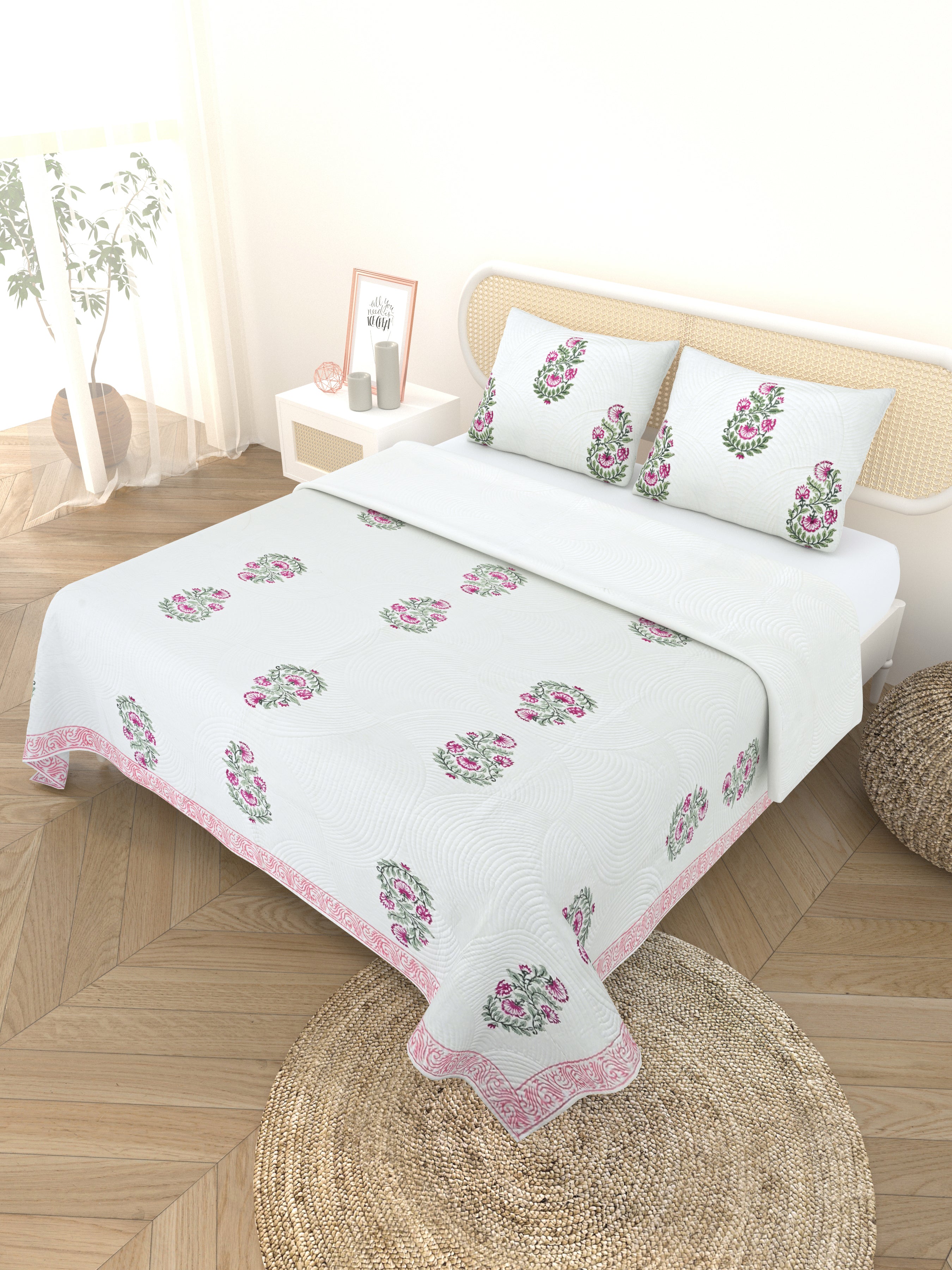 Quilted Floral Printed Reversible Bedcover with 2 Pillow Covers