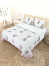 Quilted Floral Printed Reversible Bedcover with 2 Pillow Covers