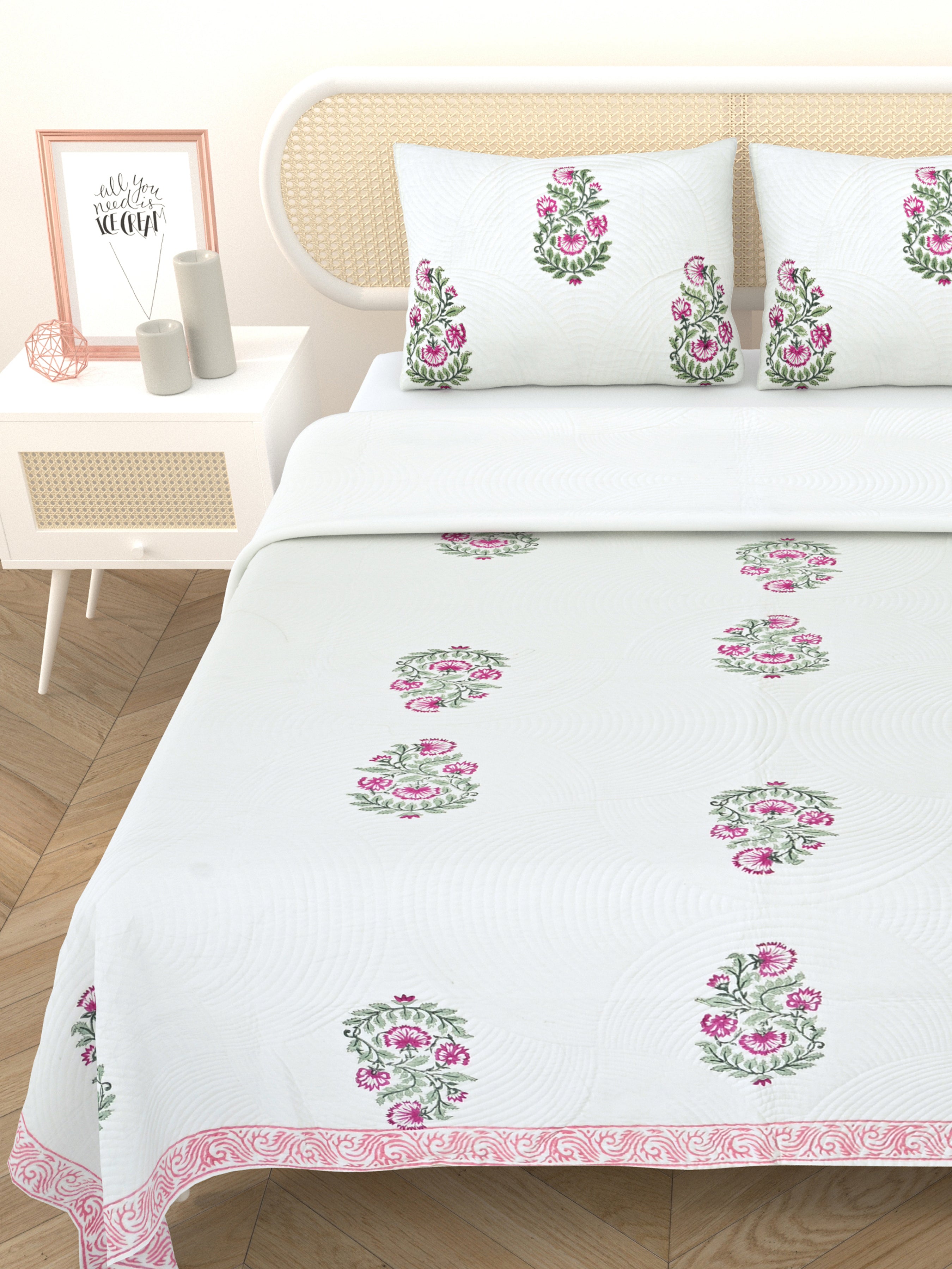 Quilted Floral Printed Reversible Bedcover with 2 Pillow Covers