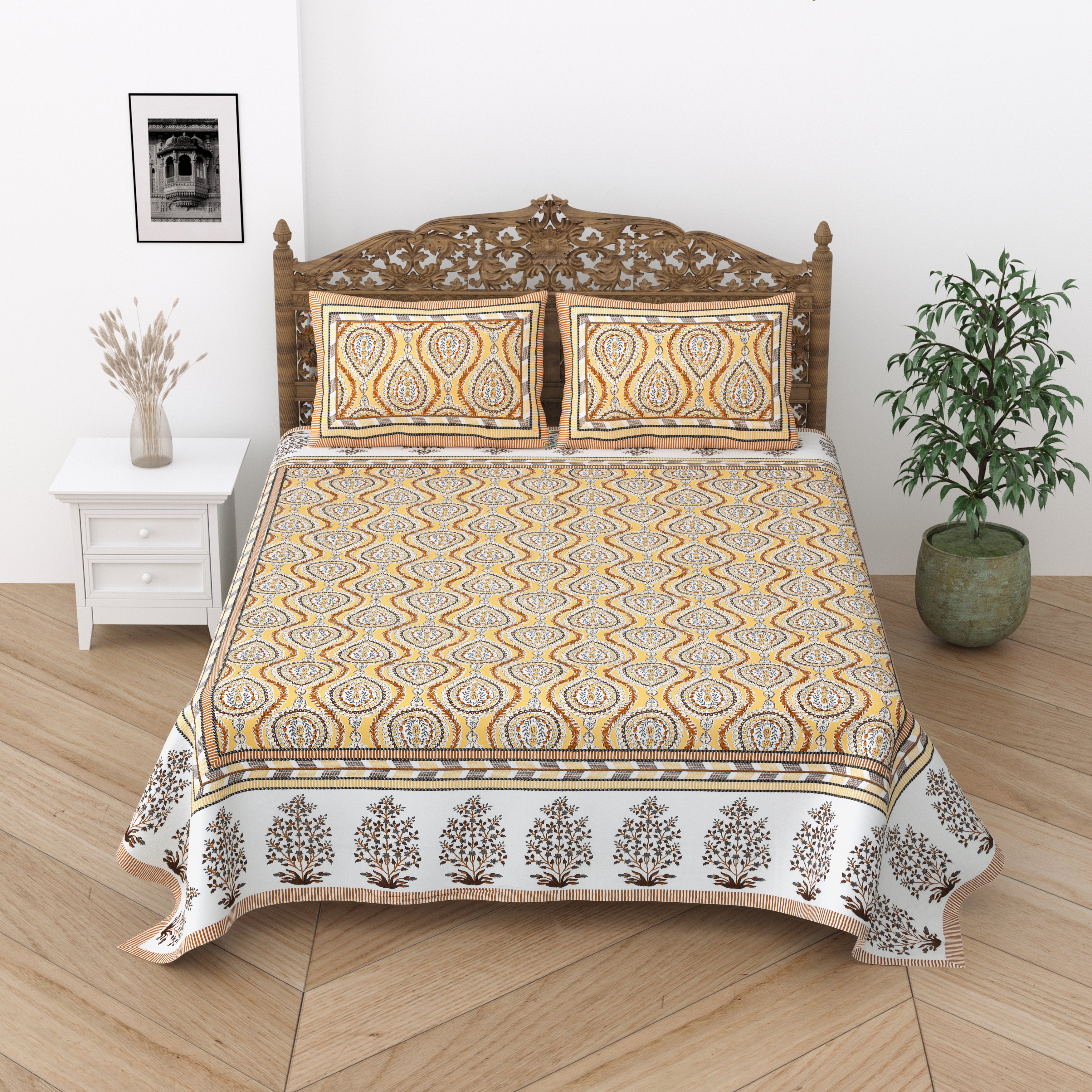 Floral Print Cotton Double King Bedsheet with 2 Pillow Covers