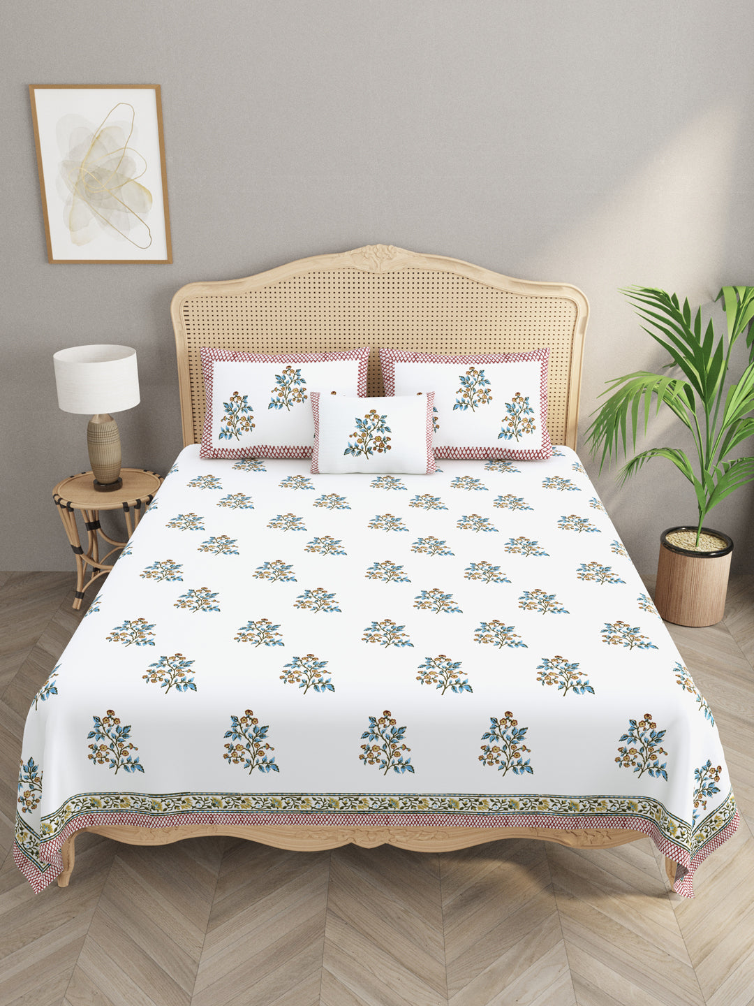 Extra Soft Percale Cotton Super King Handblock Print Bedsheet with 2 Pillow Covers + 1 Sham Pillow Cover