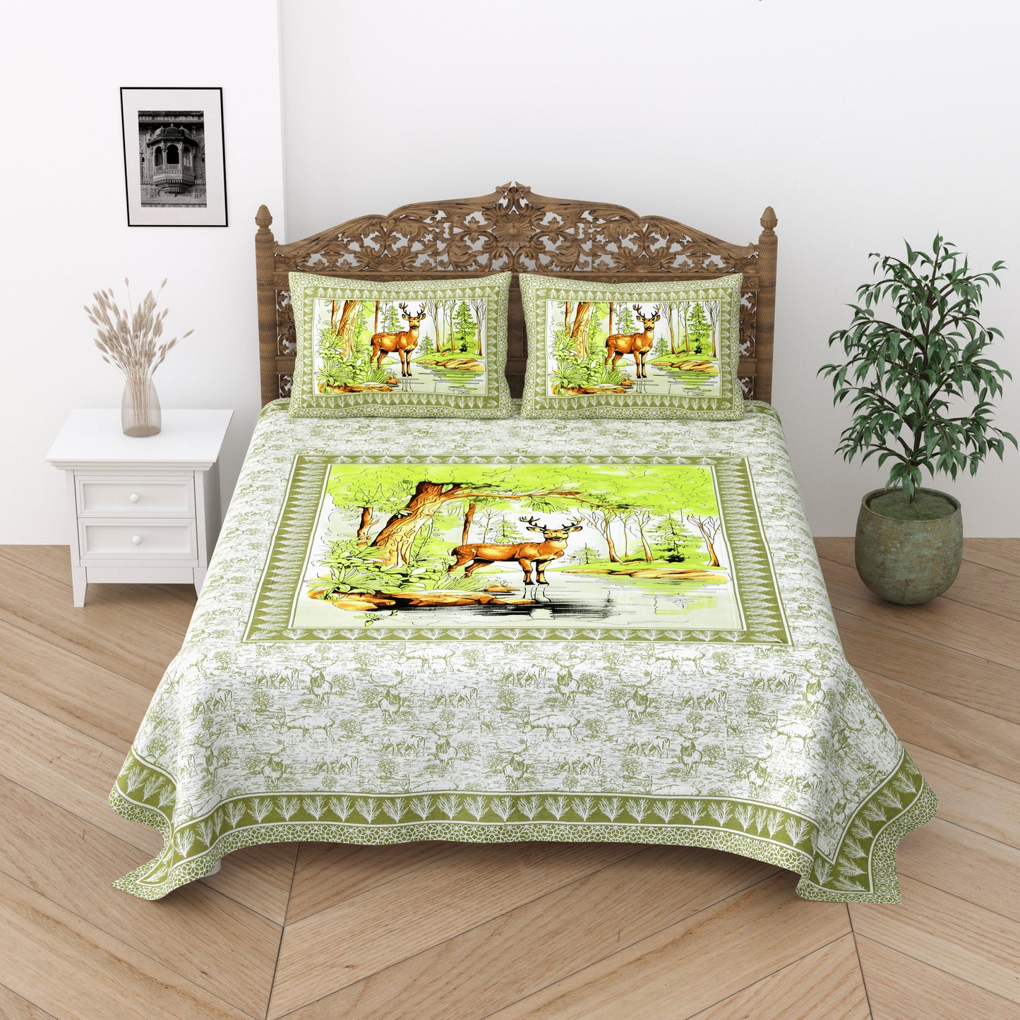 Floral Print Cotton Double King Bedsheet with 2 Pillow Covers