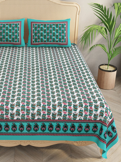 Floral Print Cotton Double King Bedsheet with 2 Pillow Covers