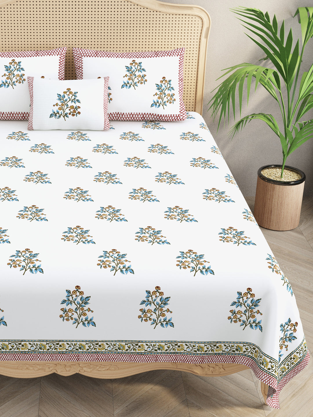 Extra Soft Percale Cotton Super King Handblock Print Bedsheet with 2 Pillow Covers + 1 Sham Pillow Cover