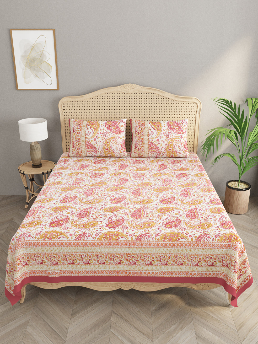 Floral Print Super King Cotton Bedsheet with 2 Pillow Covers