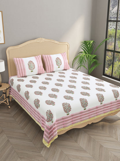 Extra Soft Percale Cotton Super King Handblock Print Bedsheet with 2 Pillow Covers